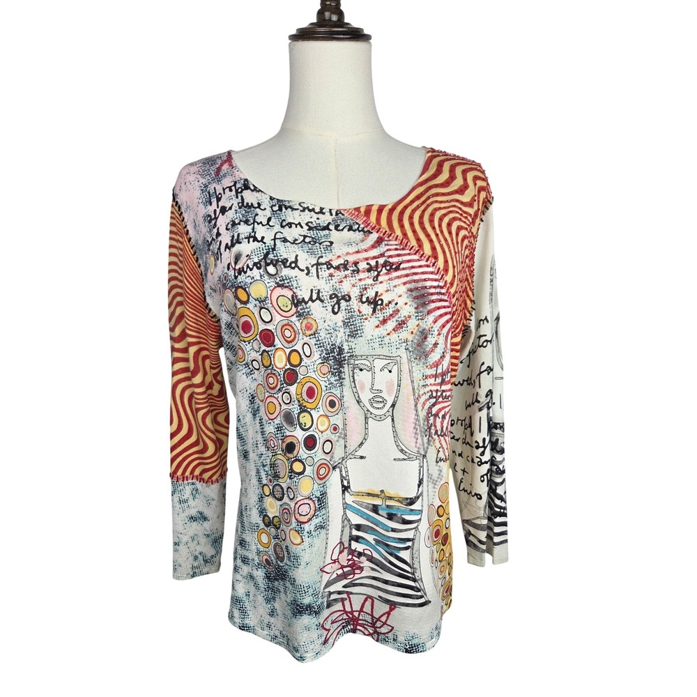 La Cite Paris Art Portrait Top L VTG Multicolor Beaded 3/4 Sleeve Y2K Whimsigoth